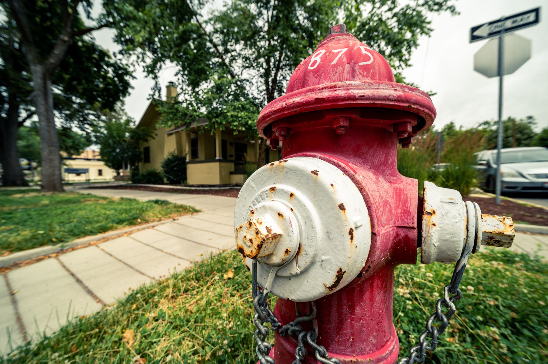 old rusty hydrant on grass meadow near house